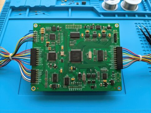 Detailed green electronic circuit board with colorful connected wires