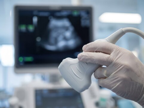 Doctor holding ultrasound transducer with screen displaying fetal