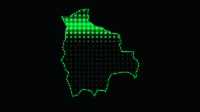 Bolivia map outline with green neon light, digital glowing country border on black background, futuristic scanning effect