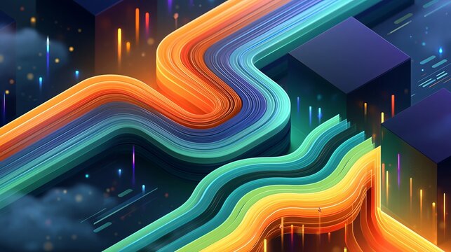 Vibrant multicolored layered waves flow dynamically through dark cubic structures created in a modern digital style with bright glowing neon illumination
