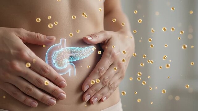Insulin resistance concept with human pancreas illustration and golden particles around hands abdomen showing health and medical anatomy biology awareness soft light background closeup for medical