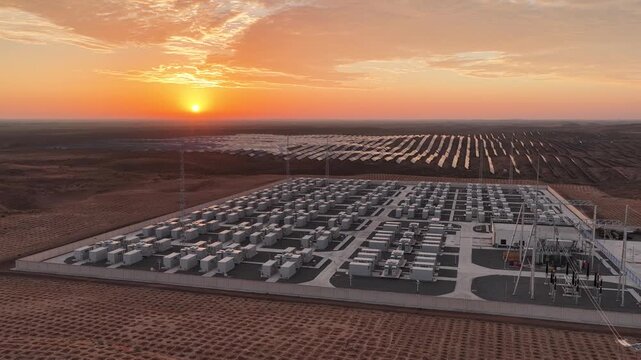 Aerial View of Utility-Scale Solar Farm with Battery Energy Storage System in Arid Desert