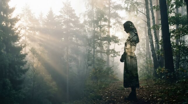 Woman standing on a forest path in misty sunlight. Double exposure portrait blending human silhouette with woodland scenery. Nature connection, solitude and introspection concept.