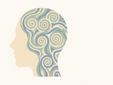 Human head silhouette filled with flowing spiral patterns. Creative illustration of mindfulness, thought, mental health, imagination, and inner psychology with copy space for wellness concept.
