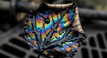 Fototapeta premium Iridescent oil sheen glistening on a fallen autumn leaf creates a colorful abstract pattern in an urban environment