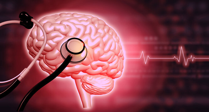  3d medical illustration of human brain anatomy alongside a stethoscope, set against a dark scientific background with glowing ECG lines.