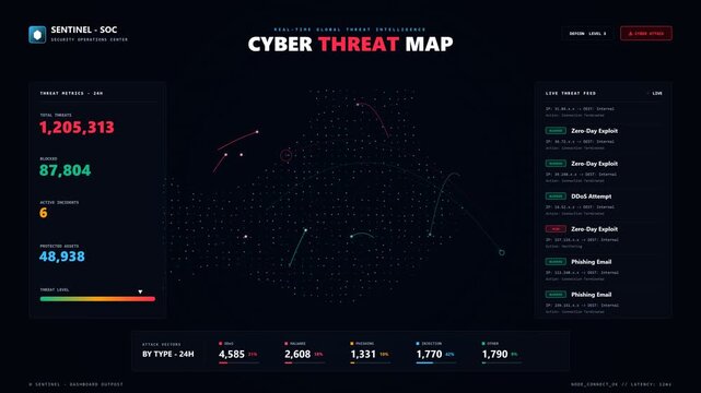 Cyber threat map dashboard showing global network security attack statistics