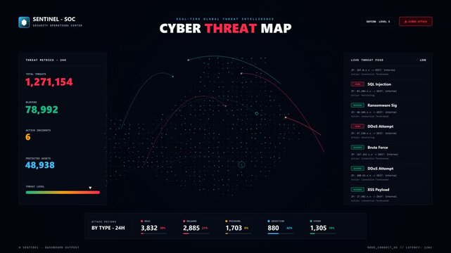Cyber threat map showing global network security attacks and digital hacking