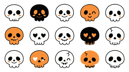 Fototapeta premium A collection of cute cartoon halloween skull icons featuring various expressions and colors for festive holiday design projects