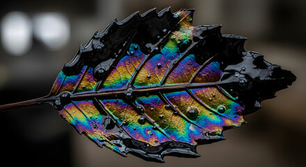 Fototapeta premium Close-up macro of an iridescent oil slick on a black leaf with rainbow colors and water droplets