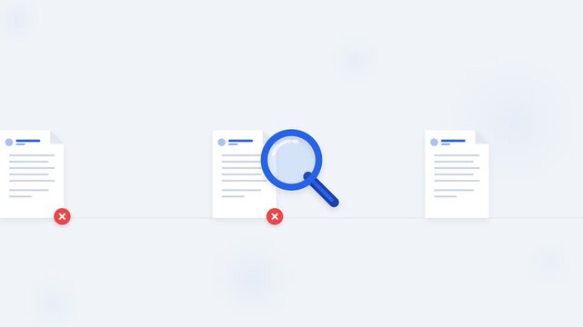Magnifying glass scanning document files with error and success status icons