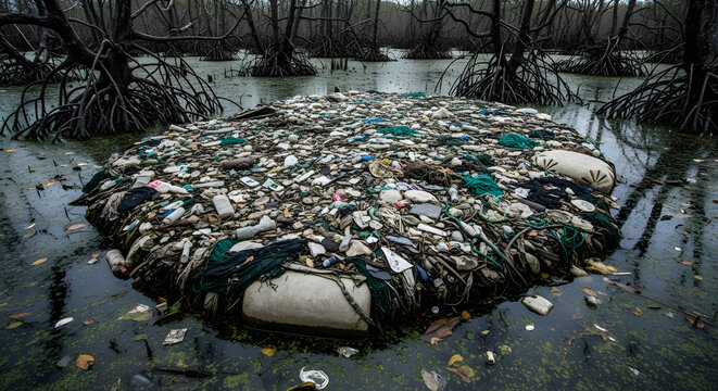 A vast accumulation of discarded plastic waste and debris forms a polluting island amidst a struggling mangrove forest, symbolizing a global environmental crisis