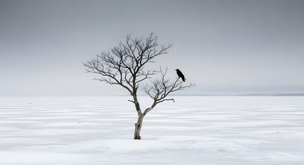Obraz premium Raven perched on a lone tree in a snowy landscape