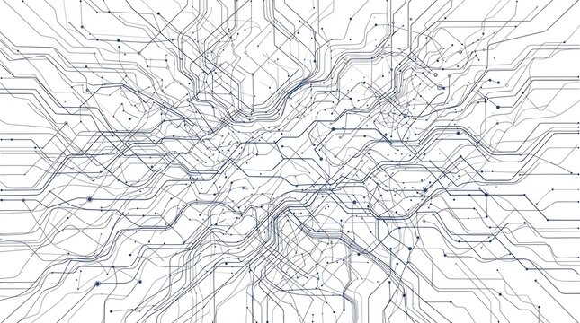 Futuristic digital circuit board pattern, abstract electronic motherboard lines, high-tech network connection grid on white background