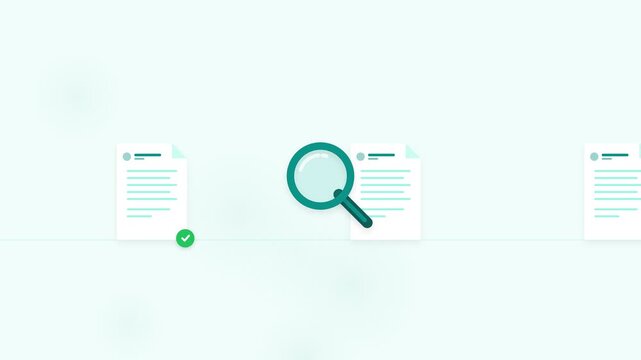 Magnifying glass inspecting document files with check mark and cross symbols