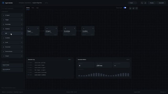 Explore a realistic no-code AI agent workflow builder interface featuring a dark-mode design with draggable modules and a smooth workflow animation. professional stock footage for technology,.