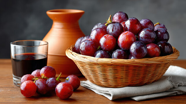Wicker basket of red grapes with glass of red wine and clay pitcher for culinary styling and still life food label imagery on wooden table with napkin