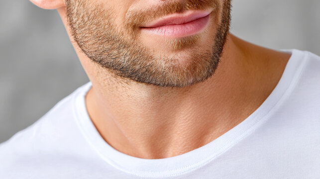 Close cropped male chest in white t-shirt mockup for kids templates tight apparel crop for design and product display background