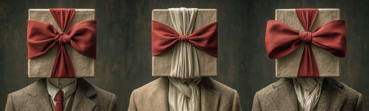 Three different pictures of a man with a gift wrapped in a bow congrarulation holiday background