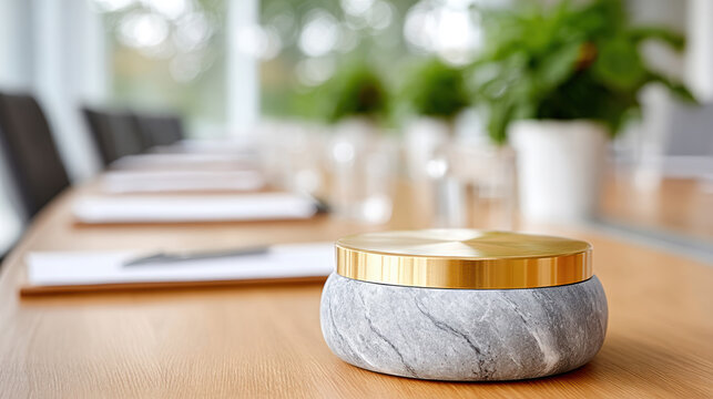 Modern meeting room stone tabletop projector mockup on wooden conference table with blurred notebooks and chairs for corporate presentation, sales pitch and product demo staging