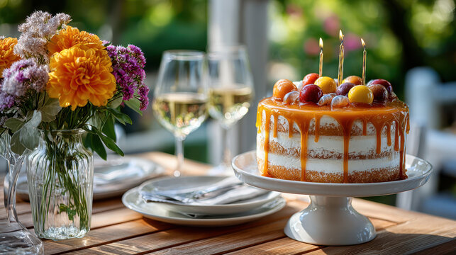Caramel drip naked layer cake decorated with glazed fruits and lit candles on a white cake stand at an outdoor table with wine glasses and fresh flowers for elegant party dessert