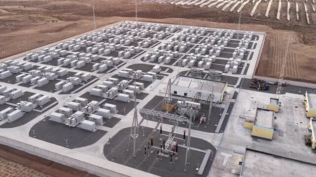 Aerial View of Utility-Scale Solar Farm with Battery Energy Storage System in Arid Desert