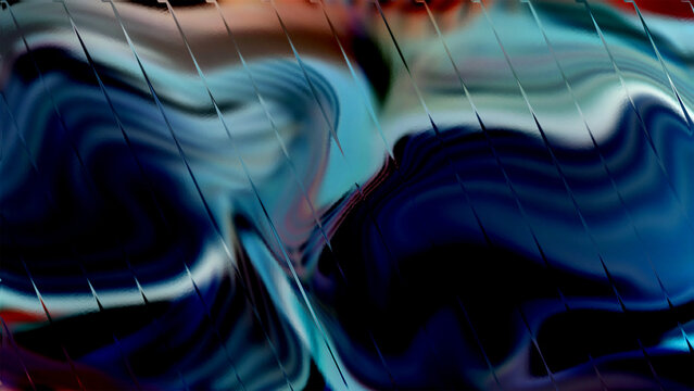 abstract glossy blue glass texture with flowing fluid waves, cyan reflections and diagonal warped lines, rich futuristic surface for technology, branding, posters and digital design