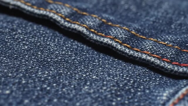 Macro closeup view of dark blue denim jeans fabric texture featuring orange stitching.