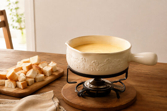 Ceramic cheese fondue pot on wooden trivet with bread cubes, cheese fondue dinner concept