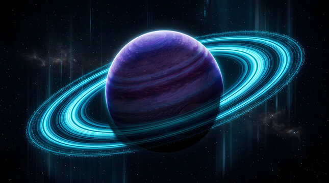 Surreal purple planet with glowing rings in dark deep space background