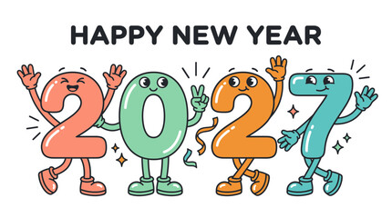 Fototapeta premium Cartoon 2027 characters celebrating happy new year 1.