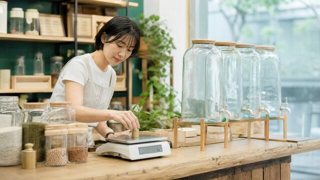 A young asian woman enjoys making fresh lemonade in a bright kitchen setting, ingredients laid out on rustic wood counters, perfect for summer refreshment ideas