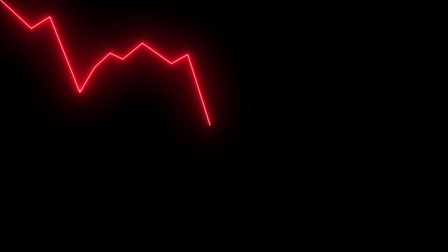 Glowing red neon downward trend arrow graph showing economic recession or stock market crash on black background 4k video animation with alpha channel.
