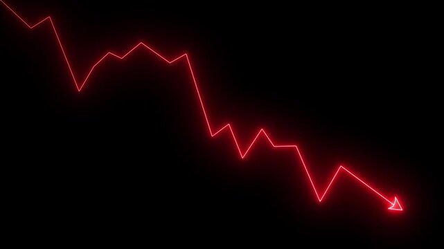 Glowing red neon downward trend arrow graph showing economic recession or stock market crash on black background 4k video animation with alpha channel.
