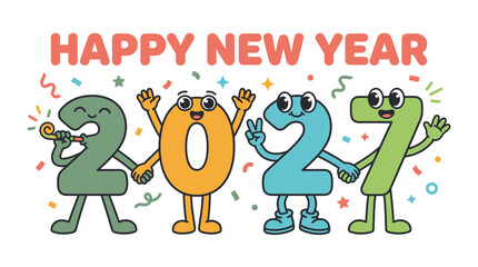 Fototapeta premium Cute cartoon character numbers for Happy New Year 2027 celebration.