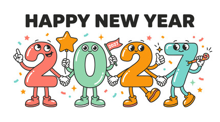 Fototapeta premium Cute Cartoon Numbers Characters Celebrating Happy New Year 2027 7.