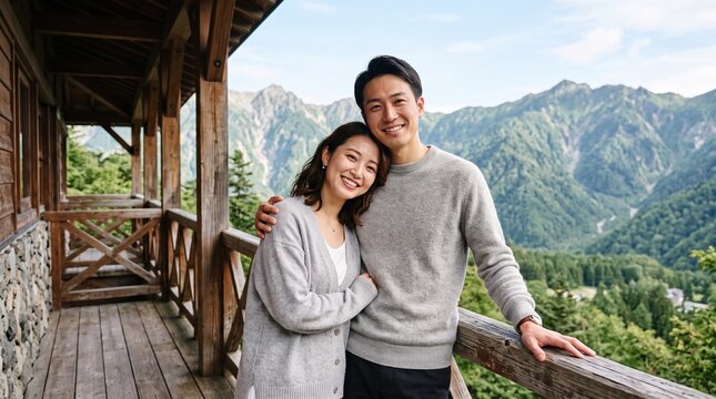 Smiling young Japanese couple embracing warmly on a wooden balcony overlooking breathtaking green mountain ranges during a sunny summer vacation getaway in the high alpine wilderness