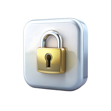 Glossy white button with a golden padlock icon isolated on transparent background