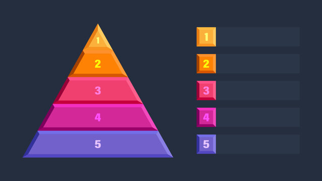3D color pyramid on dark blue background vector infographic template with 5 options or steps. Blank template for data visualization.