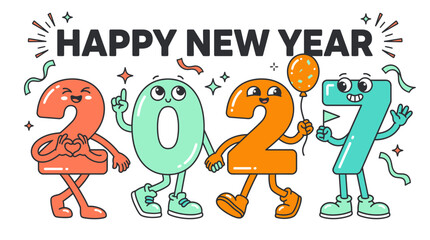 Fototapeta premium Happy New Year 2027 greeting card with cute anthropomorphic number characters 1.