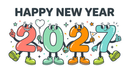 Fototapeta premium Happy New Year 2027 retro cartoon character numbers 2.