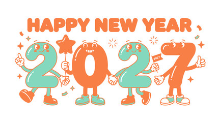 Fototapeta premium Retro cartoon character numbers 2027 for happy new year celebration.