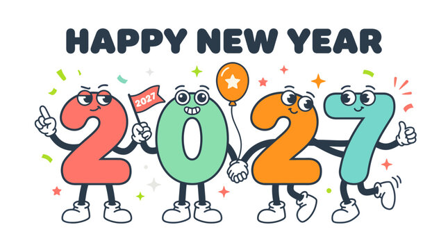 Happy New Year 2027 Cartoon Character Numbers Illustration 14.
