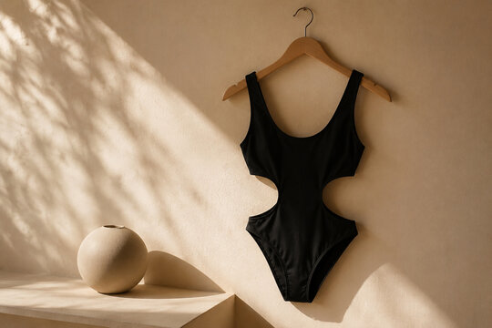 Black cutout monokini on wooden hanger with ceramic sphere, minimalist swimwear fashion concept