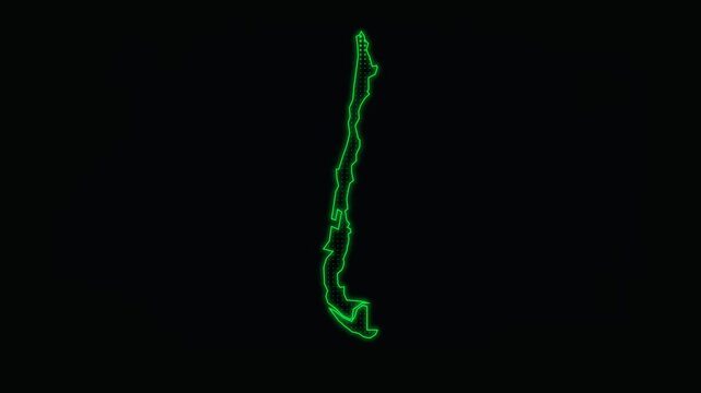 Neon green Chile map outline, glowing digital South American border, futuristic country silhouette on black background