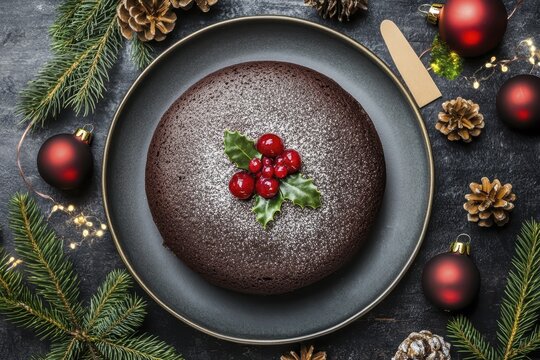 Delicious chocolate cake with holiday decorations and festive background