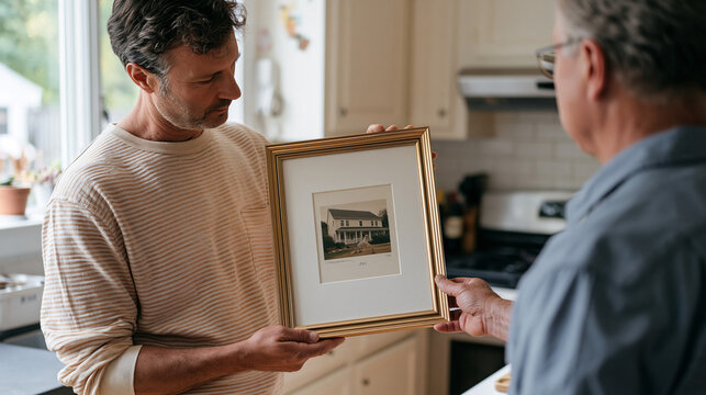 Insurance assessor holds a single framed photograph of a family home in close up detail against a modest kitchen window, soft indoor ambient light suggesting a food bank volunteer