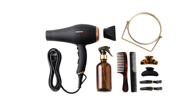 Professional hair styling tools with dryer, mirror, combs and accessories on white background