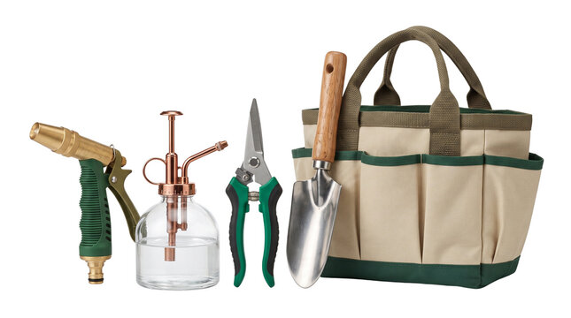 Set of gardening tools and equipment with canvas bag isolated on white background