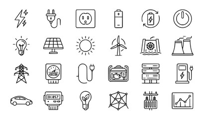 Fototapeta premium Monochrome Energy Line Drawing Icons Electricity Power Vector Set